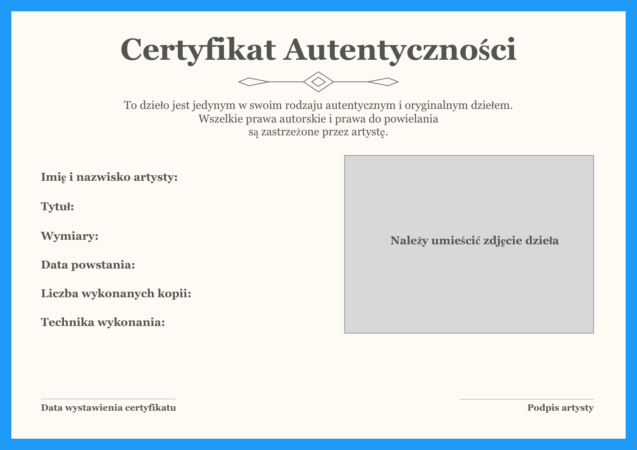 Przykład certyfikatu autentyczności potwierdzającego oryginalność dzieła sztuki.