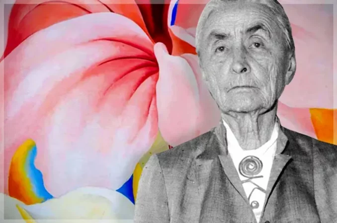 Portret Georgii O'Keeffe z kwiatem, inspirowanym jej charakterystycznym stylem.